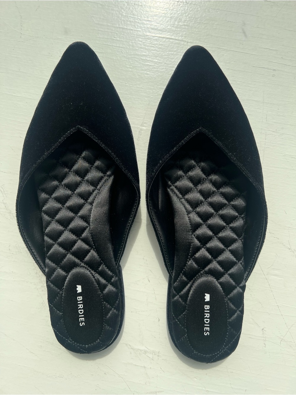Birdies “The Swan” Velvet Black Mules, 9